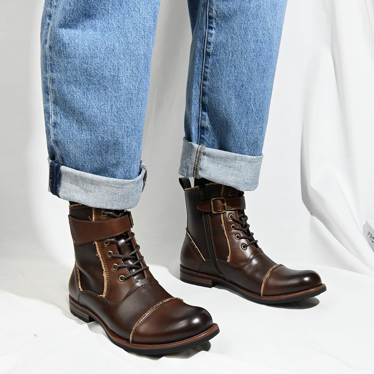Mens Boots Motorcycle Casual Boots for Men Lace-up Ankle Dress Boots Zipper Biker Boot