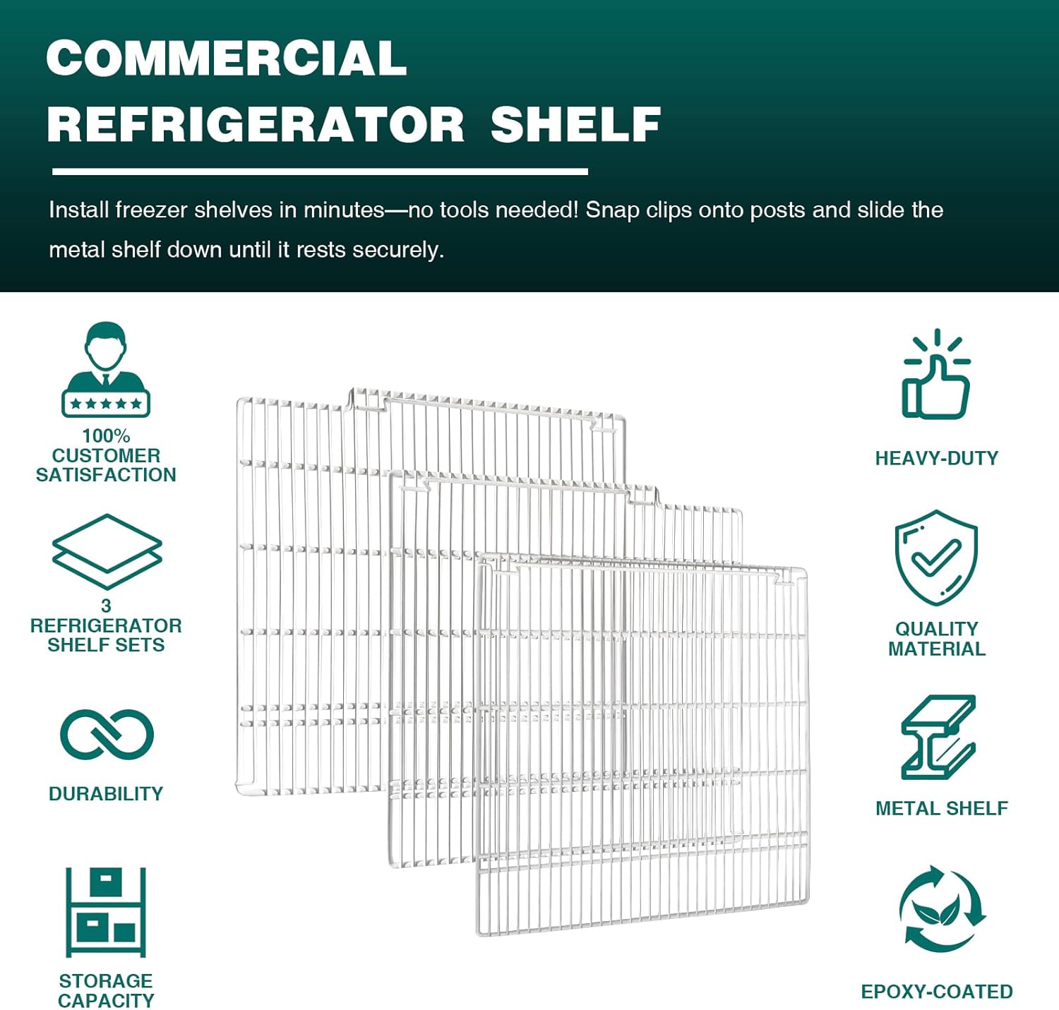 Commercial Freezer and Refrigerator Replacement Shelves for Three-Door Freezers, Set of 3, Epoxy-Coated Gray Steel Wire Shelves