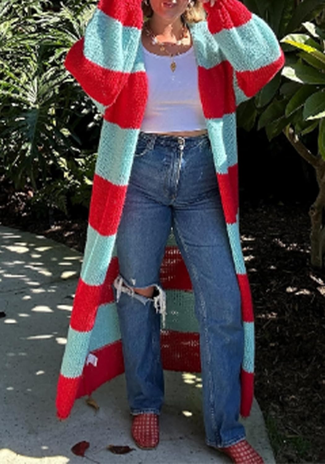 Womens Color Block Striped Long Cardigan Sweaters Open Front Fuzzy Chunky Cardigans Casual Loose Knit Coats - Image 5