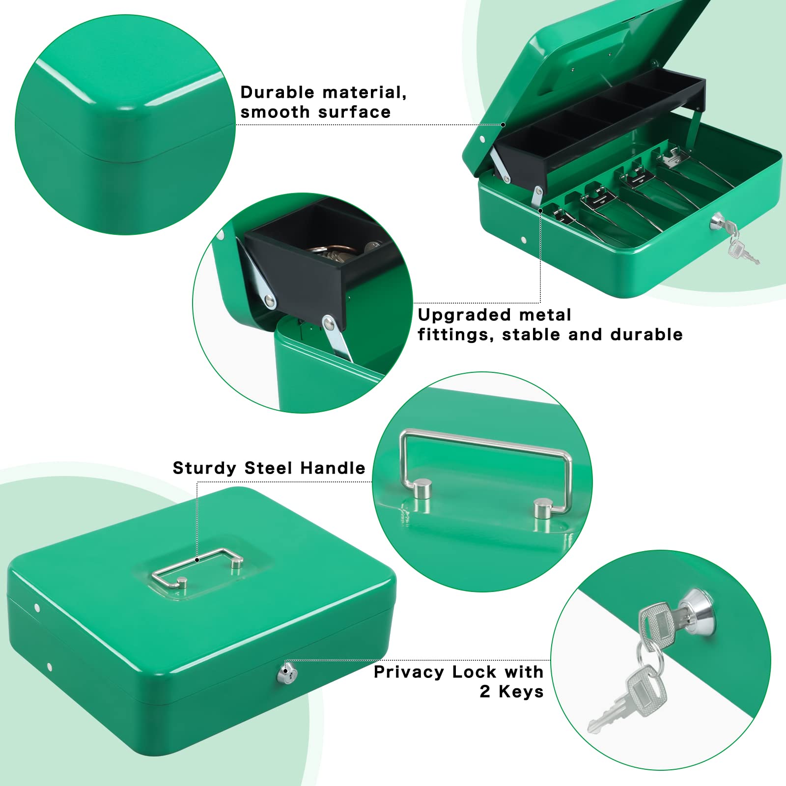 xydled Cash Box with Money Tray and Key Lock,Tiered,4 Bill / 5 Coin Slots,11.8" x 9.5" x 3.5",Green