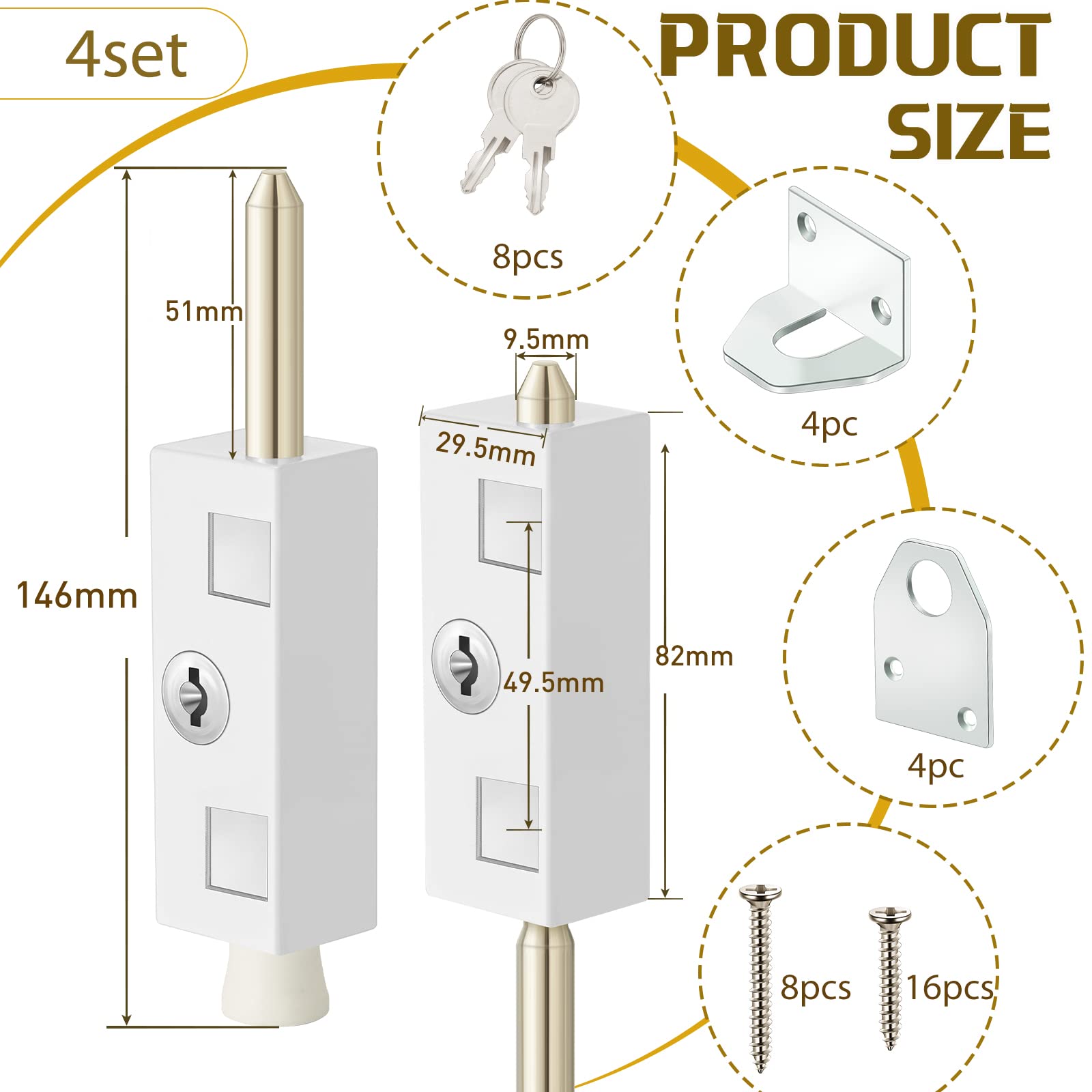 Cerradura de puerta corredera rectangular para puerta de patio con llave para puerta corrediza de vidrio, puerta con bisagras, barra de seguridad, perno de acero resistente, aleación de zinc,