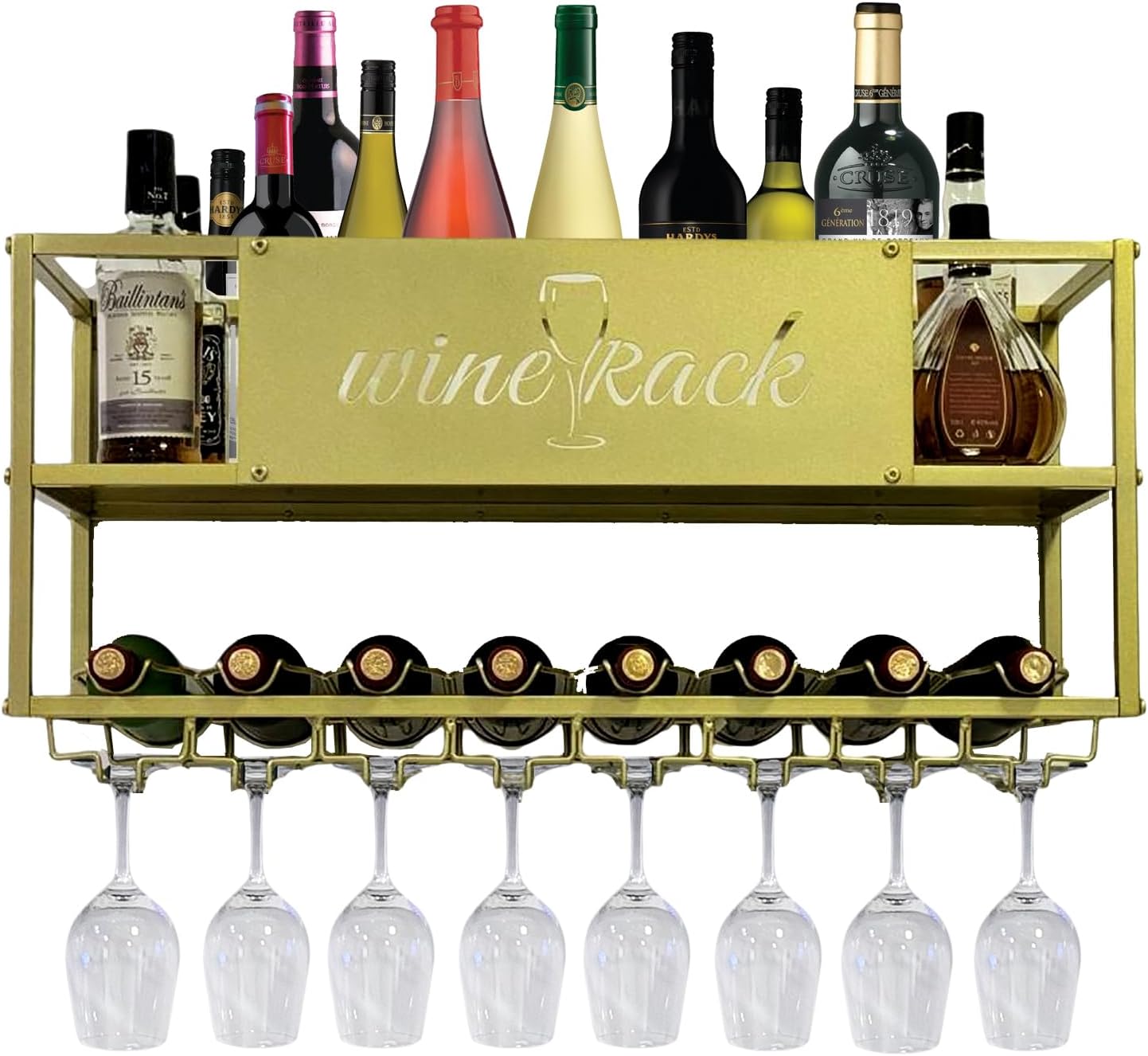 Modern Wine Rack Wall Mounted with LED Light,Floating Wine Shelves with Wine Glass Holder,Iron Bar Liquor Bottle Display Shelf,Hanging Metal Wine Storage Racks for Home kitchen decor Gold