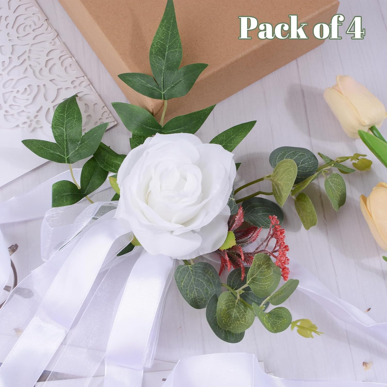 Wedding Aisle Chair Decor, 4Pcs White Flowers for Church Chair Decor Artificial Rose Floral Wedding Chair Back Flower with Leaves and Ribbons