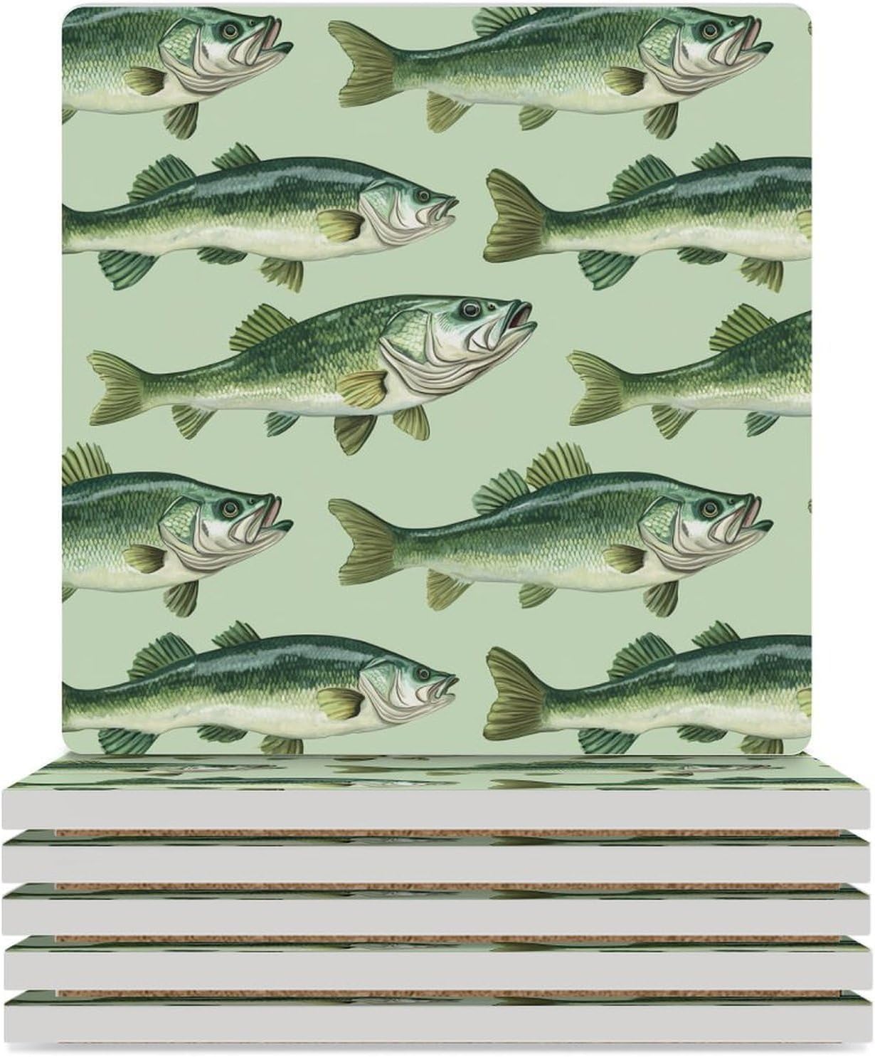 Bass Fish Funny Ceramic Coasters for Drinks Absorbent Cup Holder Tabletop Protector with Cork Base