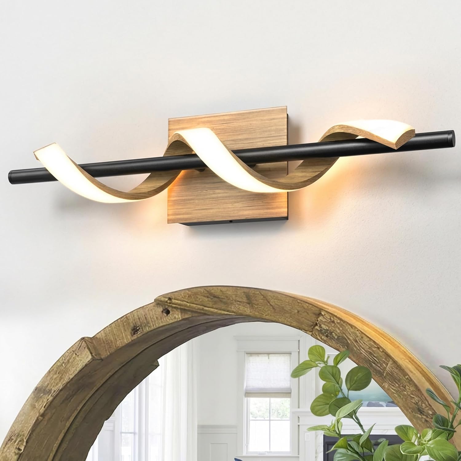 Maxax 24" LED Vanity Light Modern Wood Wall Sconce, Dimmable Bathroom Light Fixtures Over Mirror, Wave Design Black Metal, 3 Color Temp 3000K-6000K, Hardwired