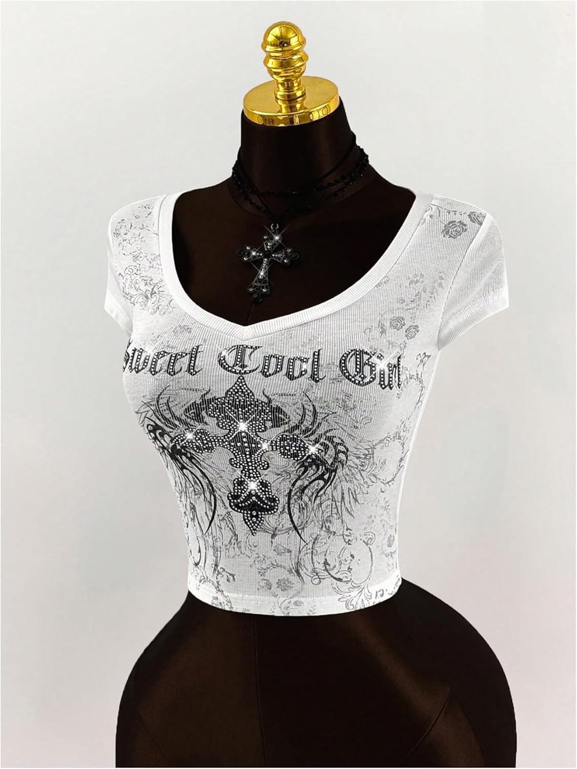 SweatyRocks Women's Goth Vintage Graphic Tees Y2k Cap Sleeve Rhinestone Fitted Crop Tops - Image 4