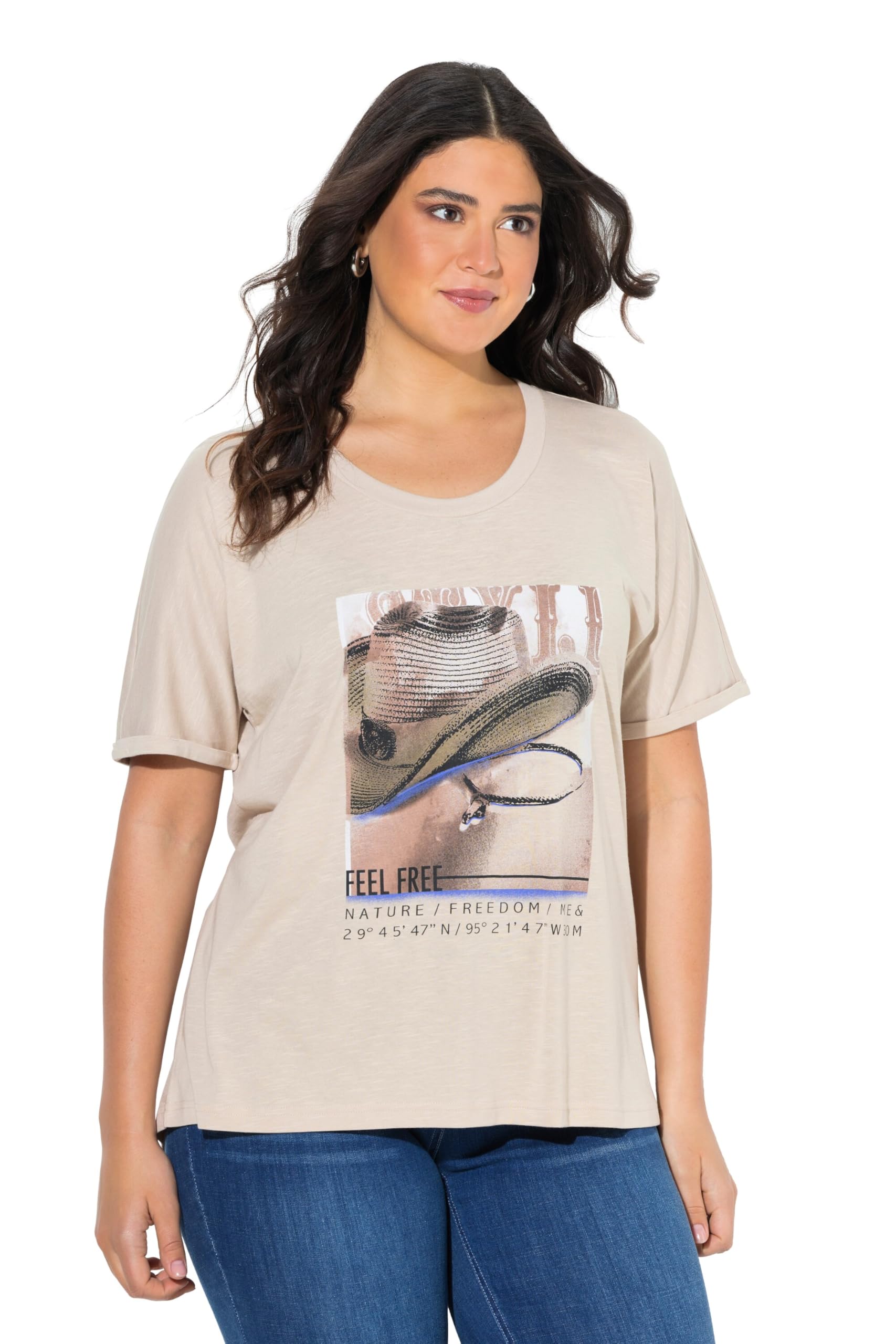 Ulla Popken Damen große Größen Übergrößen Plus Size T-Shirt, Cowboyhut, Oversized, Rundhals, Halbarm 840857