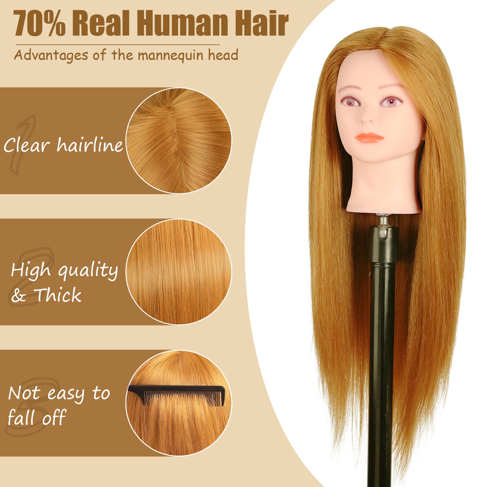 Testina Parrucchiere Capelli, TopDirect 66cm/26" 70% Veri Capelli Testa per Parrucchieri Testa per Acconciature Manichino Cosmetologia Formazione con Morsetto + DIY Accessori per Capelli