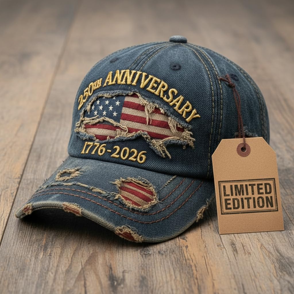 USA 250th Anniversary Hat 1776-2026 - Embroidered Distressed Denim Cap - Vintage Ripped Flag Patriotic American Gift