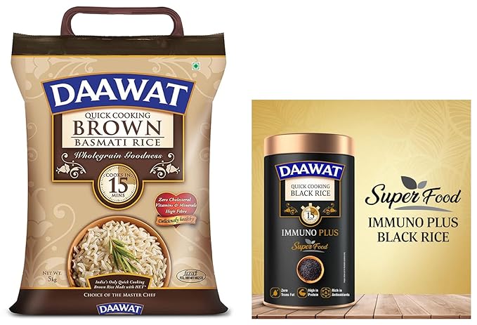 Daawat Brown, Cooks in 15-minute, Full Bran Intact, Fibre-Rich Basmati Rice, 5 Kg & Daawat Black Rice Immuno Plus 1KG Pack