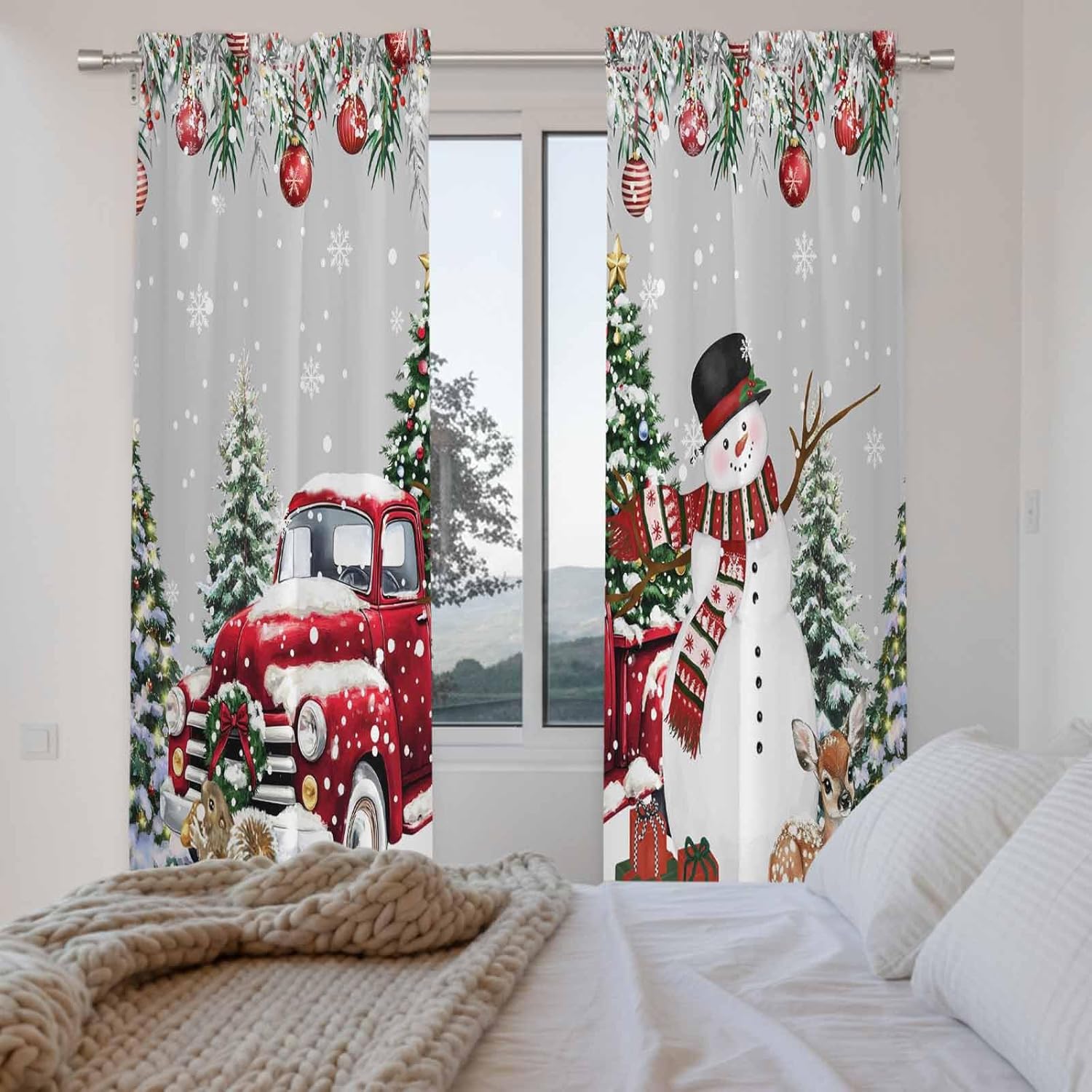 Grey Christmas Window Curtains 72 Inch Long 2 Panel Set, Rod Pocket Long Curtains & Drapes, Snowman Xmas Truck Balls Tree Light Filtering Window Treatment for Bedroom Living Room 52"W x 72"L