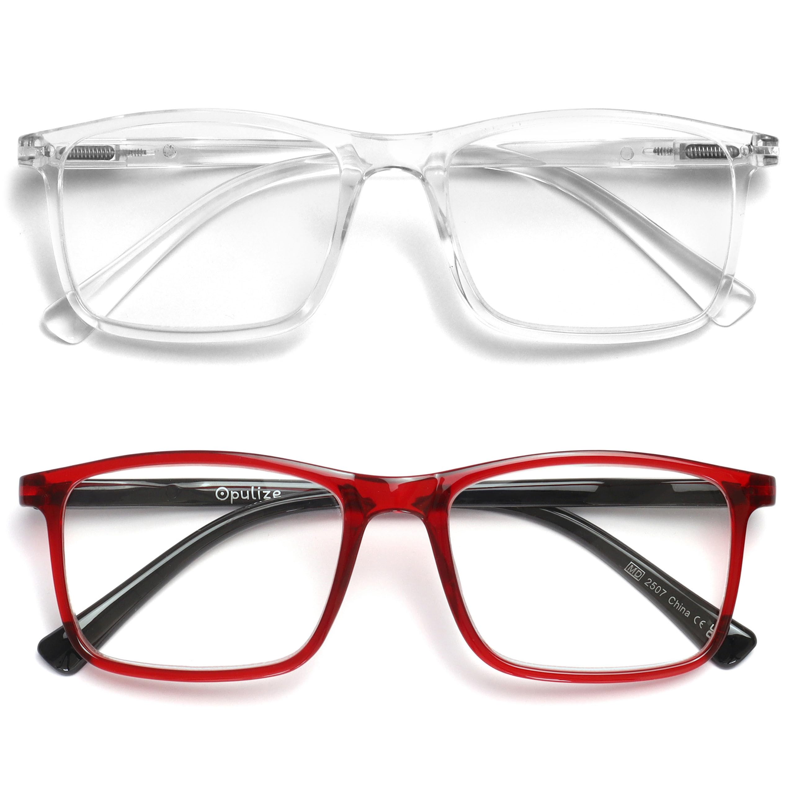 OPULIZE INK Reading Glasses for Women Men, Large Rectangular Frame with Spring Hinges & Scratch Resistant, Clear Red, +3.5(Pack of 2)
