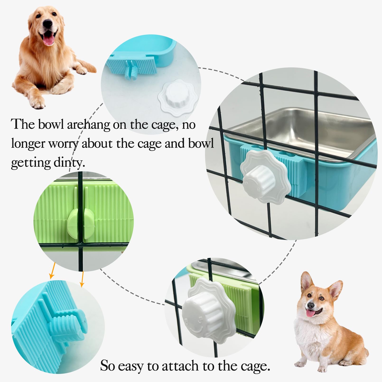 kathson Crate Dog Bowl, Removable Stainless Steel Hanging Pet Kennel Cage Bowl Food & Water Feeder Coop Cup for Puppy, Cat, Rabbit, Guinea Pigs 2pcs Small Square(Blue, Green) - image 5