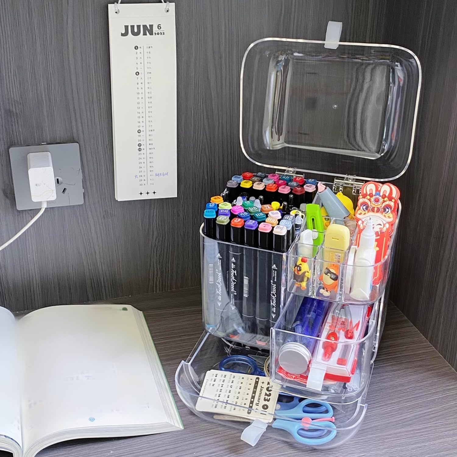 Organizer per penne in acrilico trasparente, scatola portaoggetti da scrivania con scomparti multipli, organizer per pennelli da trucco, per ufficio, scuola, casa