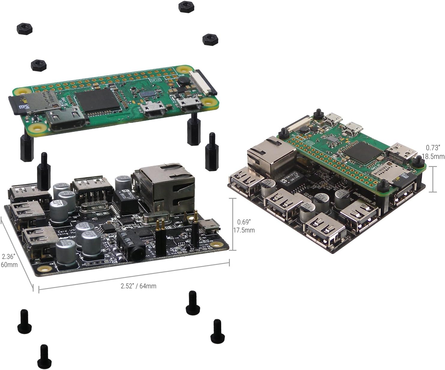 5-Port Stackable USB Docking Hub for Raspberry Pi Zero V1.3 (with Camera Connector) and Pi Zero W/2W (with Bluetooth & WiFi)