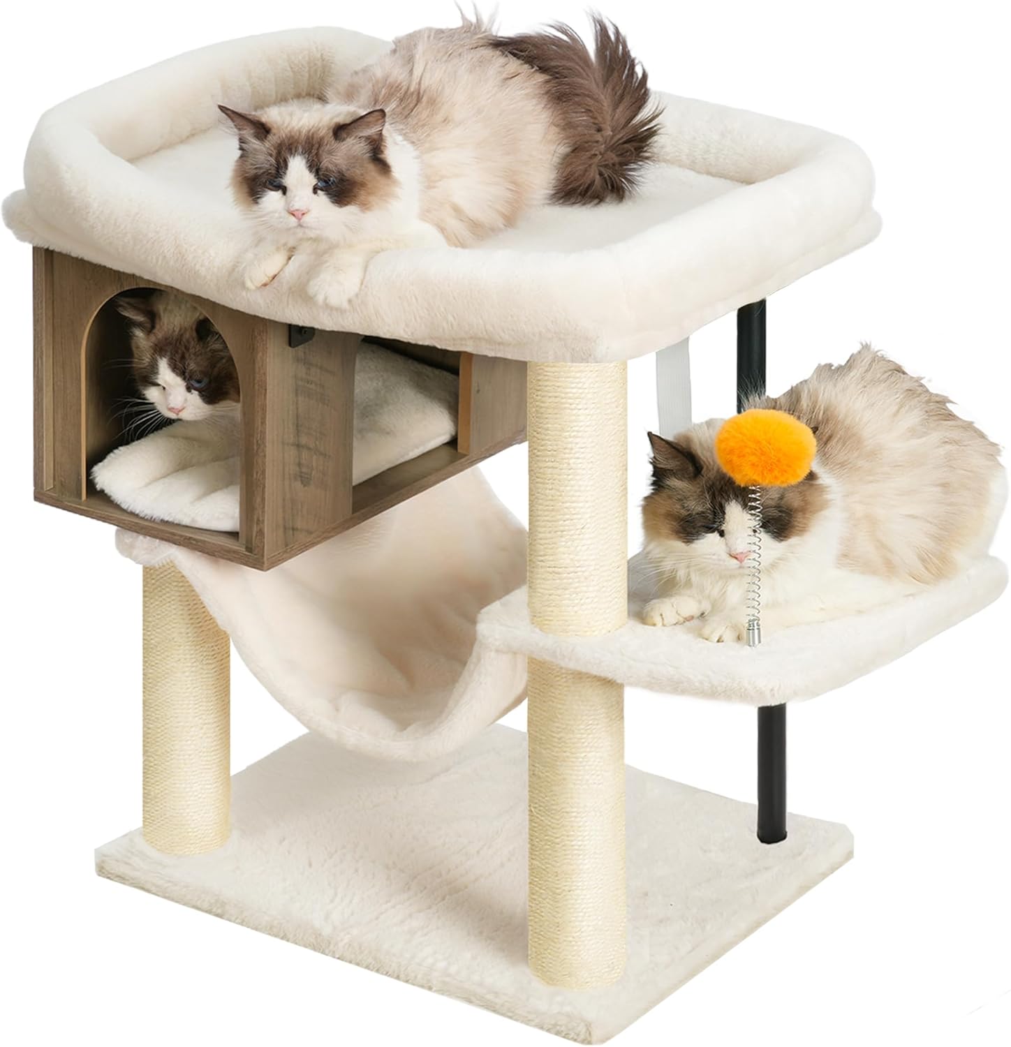 Heybly Cat Tree Tower, Wooden Cat Condo Cave for Indoor Kittens, Large Platform for Adult Cat, Big Padded Perch for Maine Coon, Furniture with 2 Sisal Posts, Hammocks, Ball, Rustic Gray HCT017SG