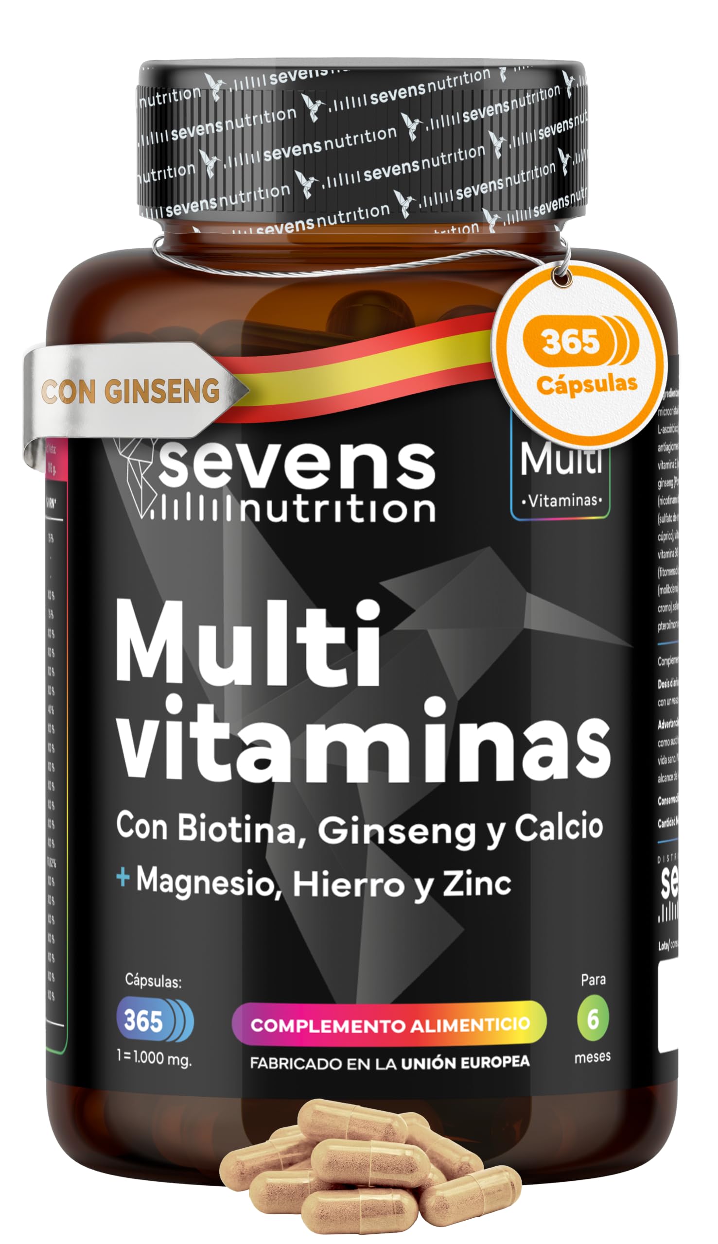 Vitaminas para el Cansancio con Magnesio y Ginseng - 365 Cápsulas | Multivitaminas para Hombre y Mujer - 6 Meses de Suministro - Complejo Multivitamínico Completo con Minerales y Ginseng Sevens