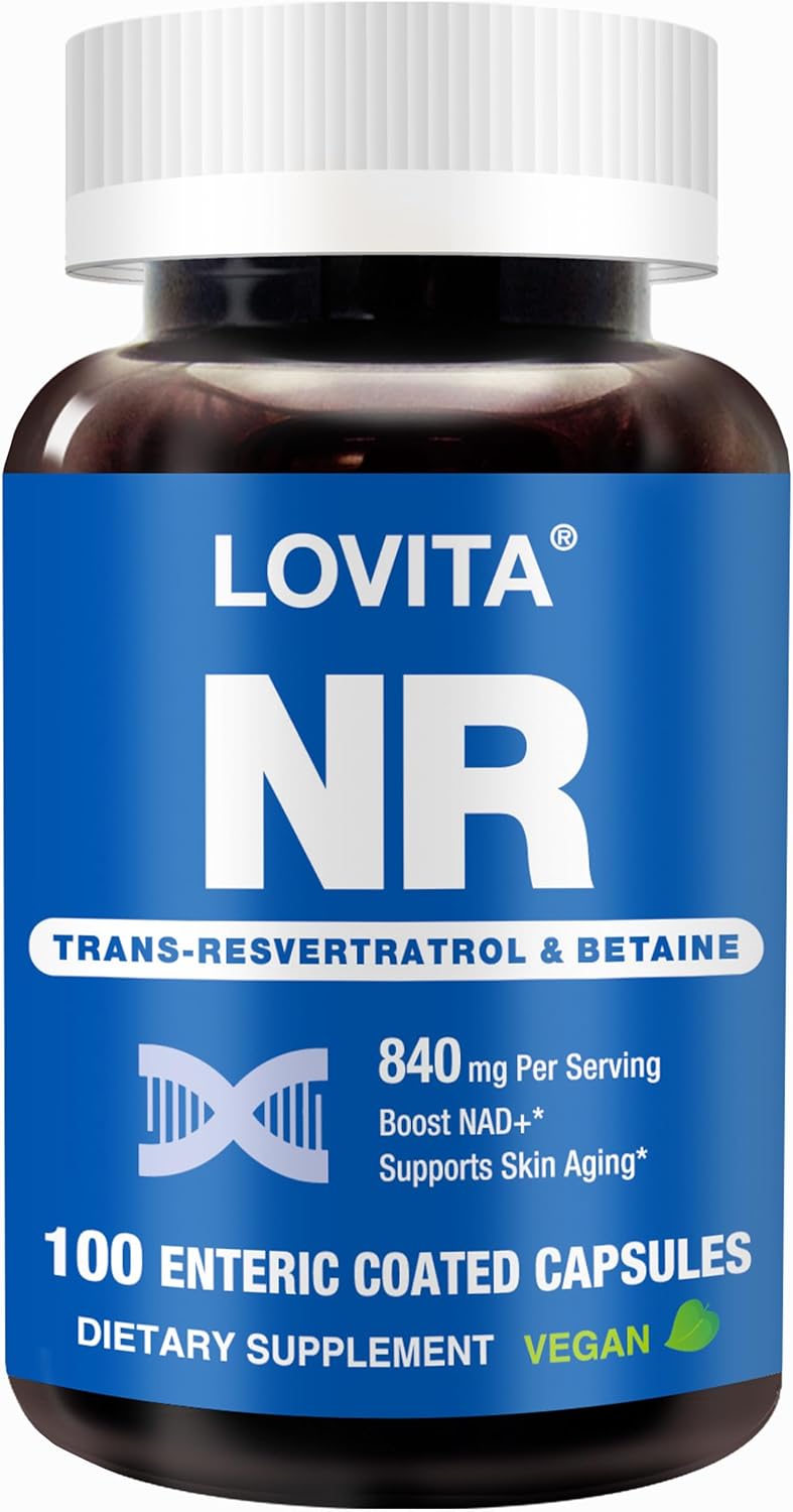 LOVITA NAD+ Supplement 840mg, NR (Nicotinamide Riboside) with Trans-Resveratrol and Betaine, Promote NAD Plus Boost Levels, Healthy Aging, Cellular Energy, 100 Vegan Enteric-Coated Capsules