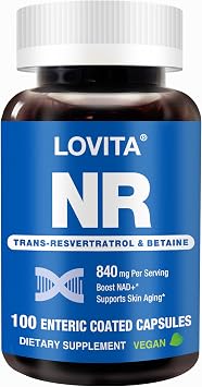 LOVITA NAD+ Supplement NR, 840 mg, 100 Enteric-Coated Vegan Capsules | Nicotinamide Riboside With Trans-Resveratrol, Betaine for Cellular Energy & Healthy Aging Support