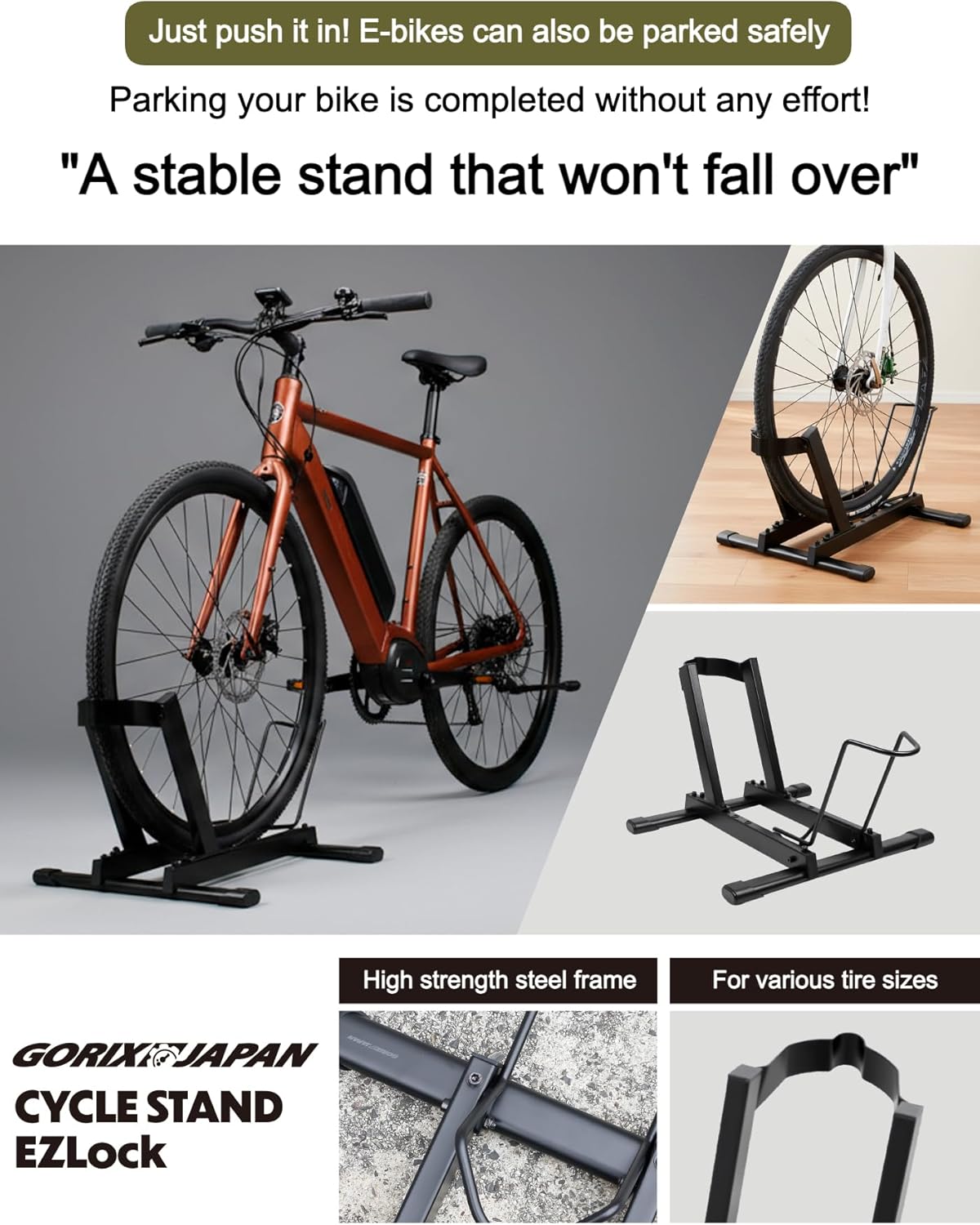 GORIX Bike Display Stand Cycle Indoor Outdoor Steel Road Mountain Bicycle E-bike Minivelo (EZLock)