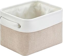 Mangata Small Canvas Storage Box, Fabric Storage Basket with Handles for Cupboards, Shelves, Clothes, Toys (Foldable, Light Khaki White)