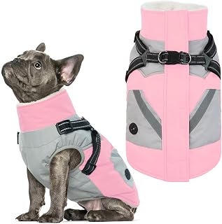 IECOii Large Dog Coat with Harness Built in - Pink, Large | Waterproof Winter Coat, Fleece Lined Snow Jacket for Dogs,Thermal Outdoor Snowsuit Cold Weather Jackets Bulldog