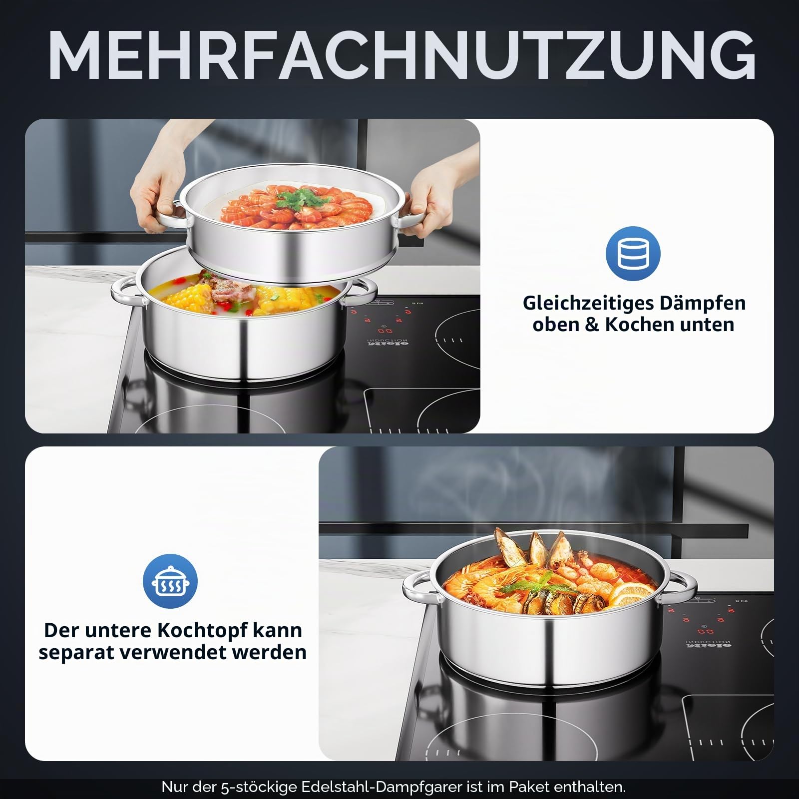 5-lagiger Edelstahl Dampfgarer mit Glasdeckel, Dampfkocher Schongarer für Induktion & Alle Herdarten, 0.5mm Wandstärke & 15kg Tragkraft pro Ebene, Gemüse Kartoffeldämpfer Steamer (28cm)