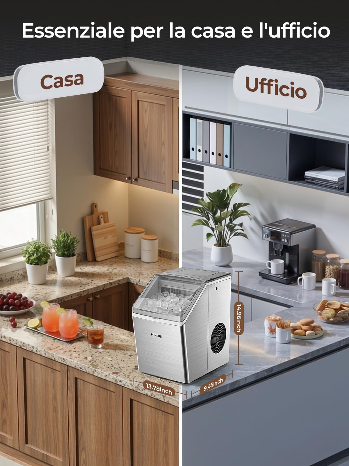 FOHERE Macchina per Ghiaccio Acciaio Inox, 24kg/24h, 24 Cubetti in 10-15 Min, Serbatoio 3,2L con Timer, Auto-pulizia e Sbrinamento, Doppio Riempimento, Silenziosa 35dB, Bar, Casa e Ristorazione