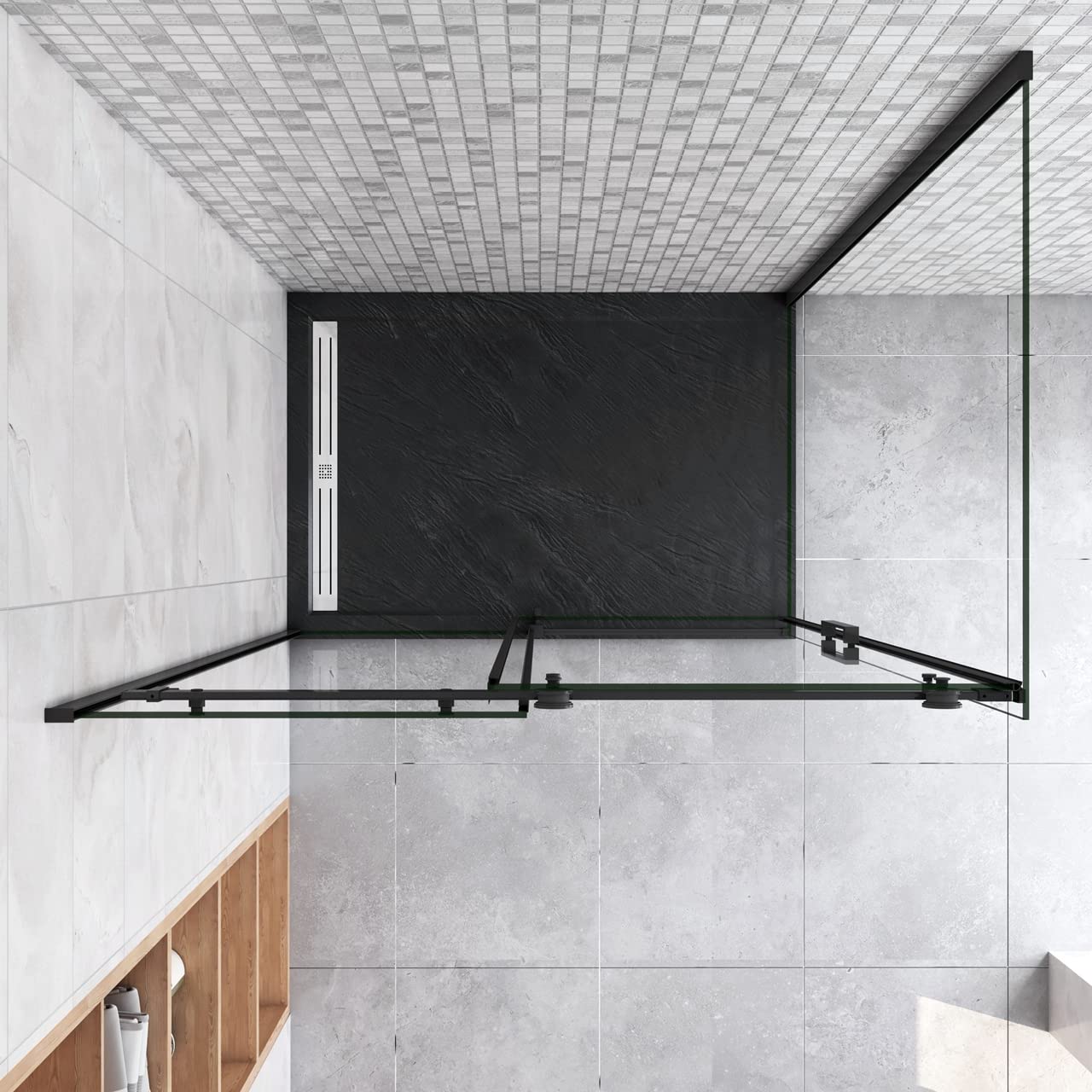 200cm Box Doccia Angolare Scorrevole 120cm 80cm Vetro 8mm | Parete Anticalcare, Trasparente Vetro Temperato, Telaio Nero Opaco