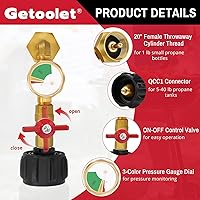 Vista 2 de Adaptador de recarga de propano para tanques de 1 libra, adaptador de codo de recarga de propano con válvula y manómetro, adaptador de propano