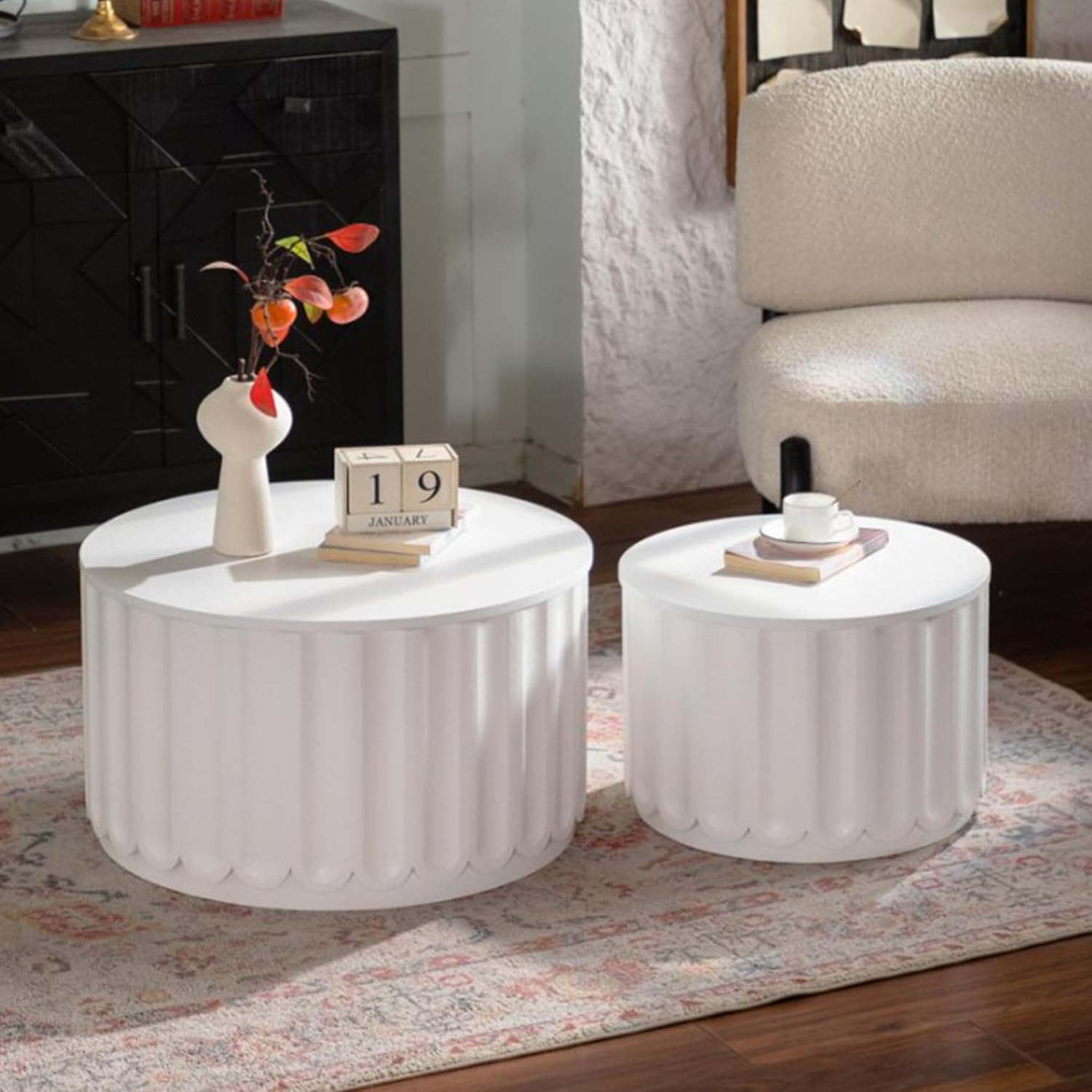 Nesting Coffee Table Set of 2, Modern Round Coffee Table with Storage and Lift-Off Lid, Minimalist Drum Curved Circle Side Table for Living Room, Office,Small Apartment White