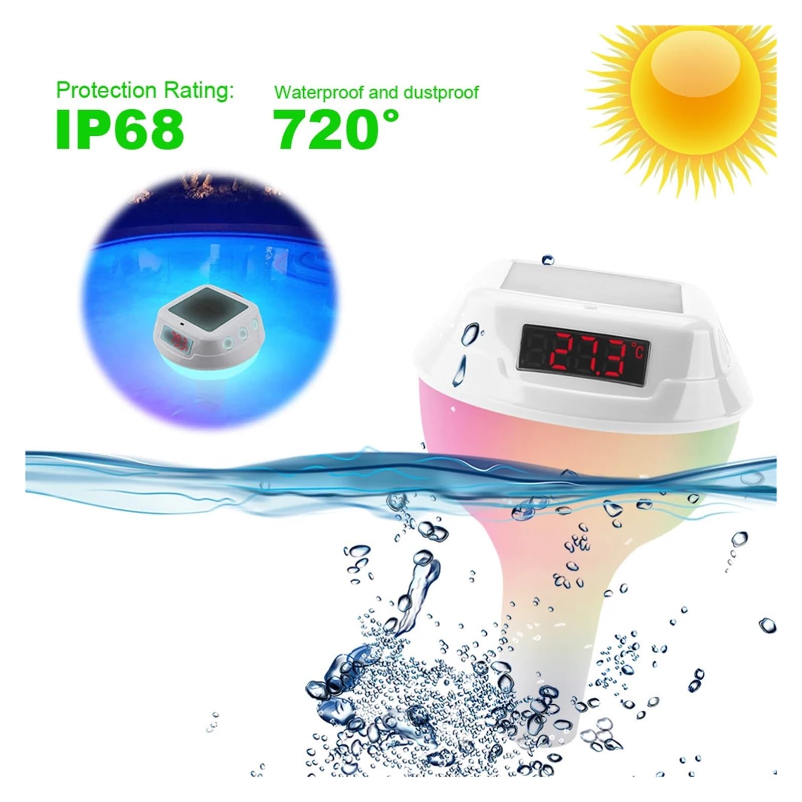 Termometro Digitale Solare Wireless for Piscina, misuratore di Temperatura for Il Nuoto con luci RGB dinamiche, Timer e Schermo LED.(Red with Receiver)