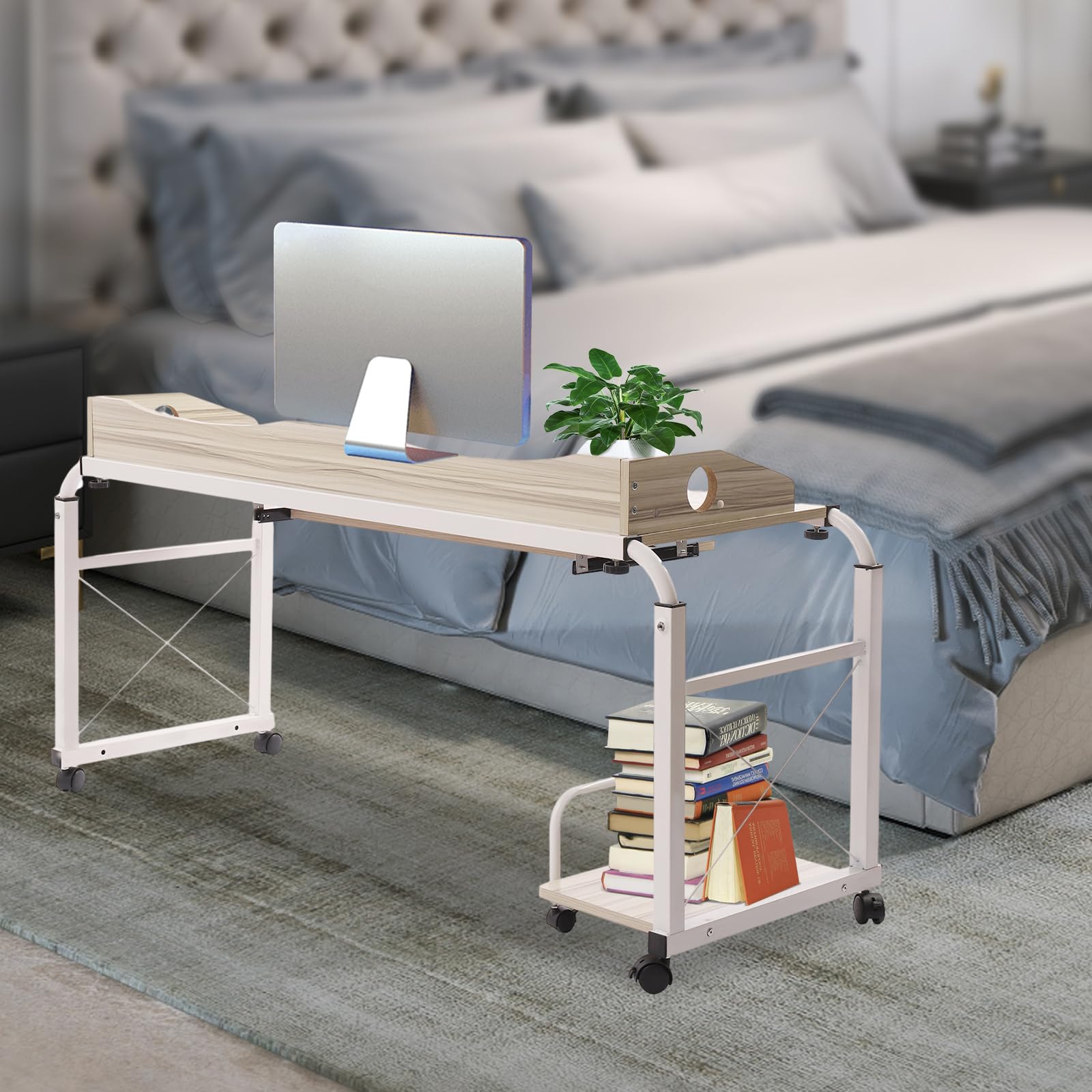 AOOCHU Overbed Table with Wheels Bed Desk Mobile Adjustable Height & Width Cross-Bed Stretchable Lazy Computer Over Bed Desk Standing Workstation Computer Desk Cart for Household, White
