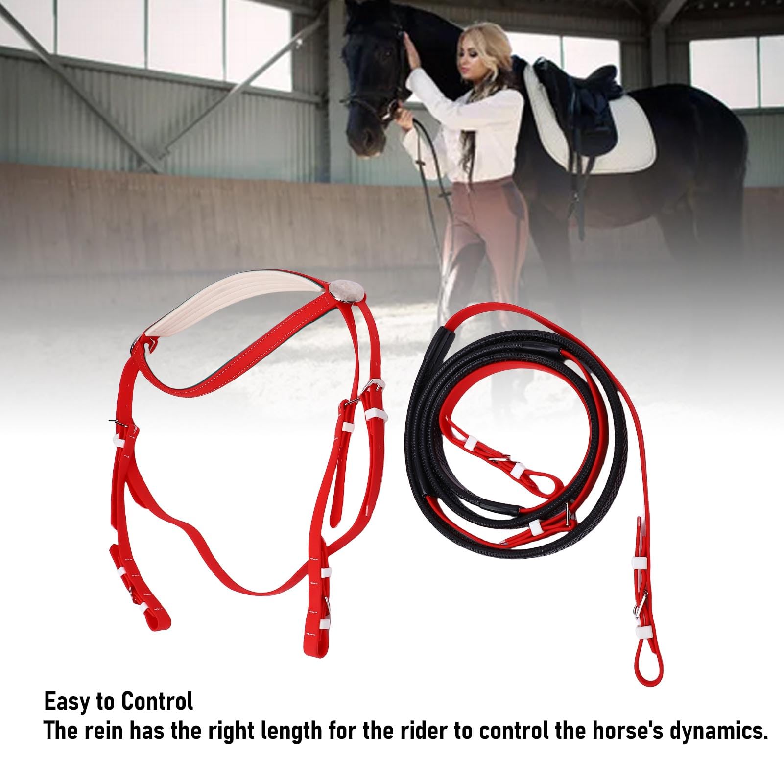 AMONIDA Set Cavezza e Redini per Cavallo, Set Cavezza in Nylon e Pelle PU in PVC, di vestibilità Comoda con Redine a Lunghezza Regolabile, Ideale per Competizioni Equestri, Allenamento, Equitazione