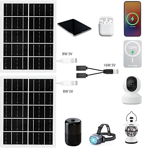 Miniatura 2 de Juego de cargador de paneles solares USB de 8 W 5 V tipo C, puerto USB CC portátil, 5 voltios, 8 W, panel solar monocristalino de alta eficiencia