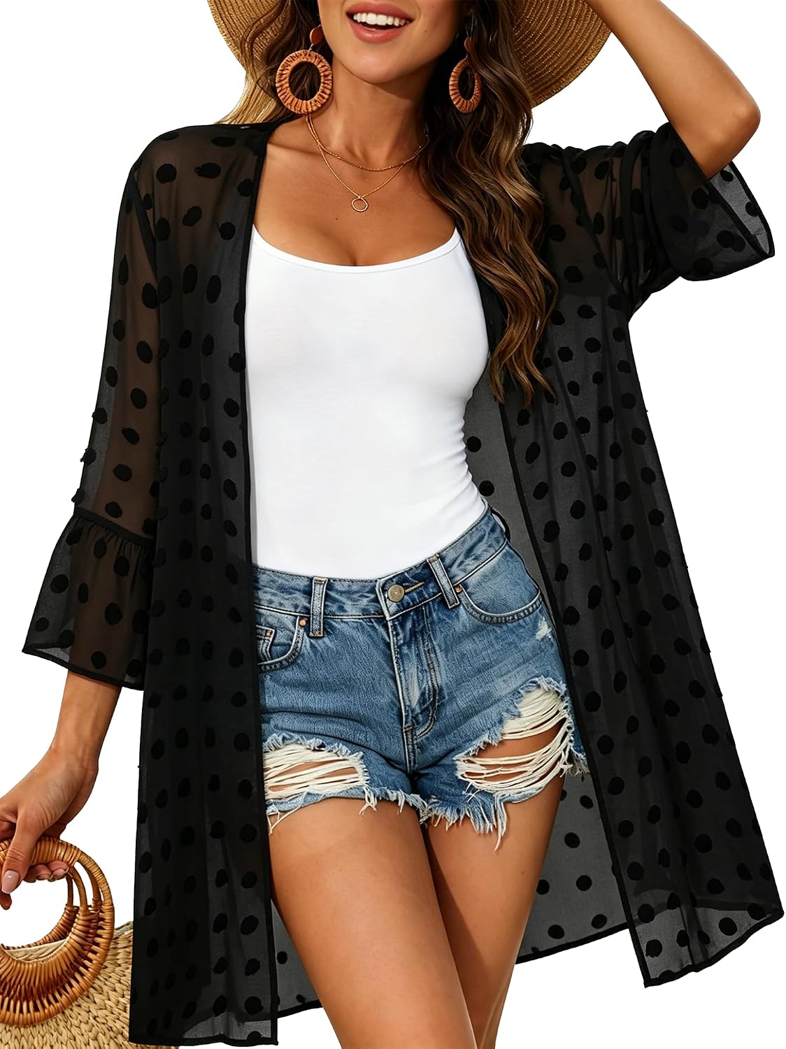 Womens Kimono Summer Puff Sleeve Cardigan Casual Beach Cover Ups Swimwear image 5