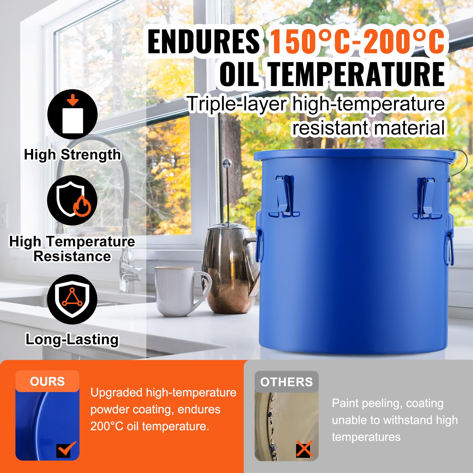 VEVOR Secchio per Grasso per Friggitrice, Contenitore per Smaltimento Olio da 8 Gal Secchio per Olio per Friggitrice in Acciaio al Carbonio con Rivestimento Antiruggine, Clip di Chiusura, Blu