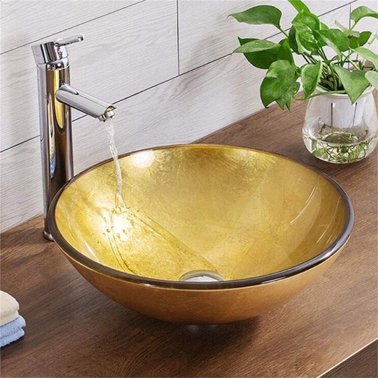 Umywalka Łazienkowa Ceramiczna, Umywalka Łazienkowa Nablatowa, Umywalka Okrągła 420 Mm, Szkło Złote, Umywalka Nablatowa,B