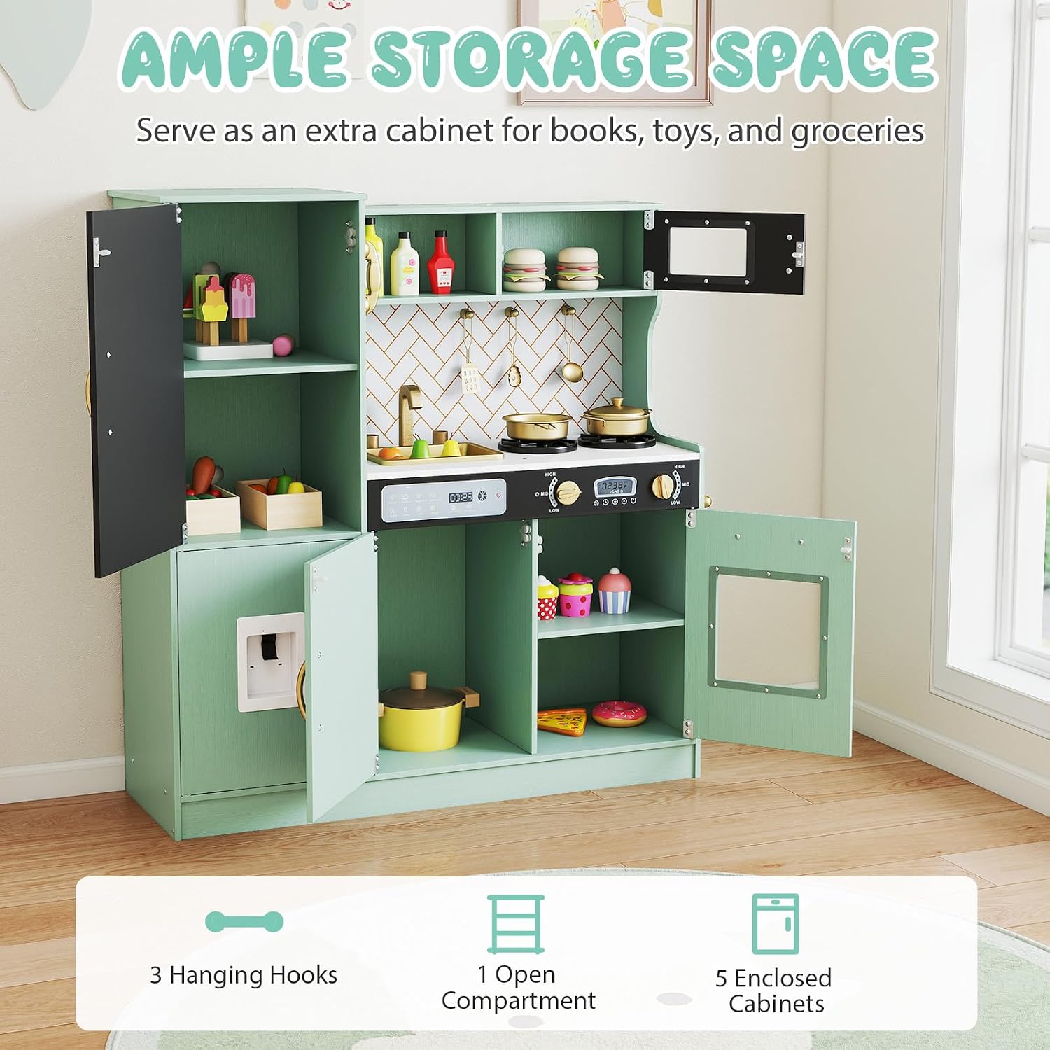 Image displaying the ample storage space within the play kitchen, including cabinets, an open shelf, and hanging hooks.