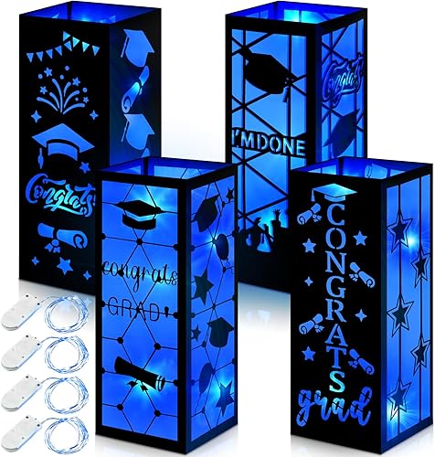 4 piezas de centros de mesa de graduación 2025, faroles de mesa de graduación 2025 con tira de luces LED para suministros de fiesta universitaria,