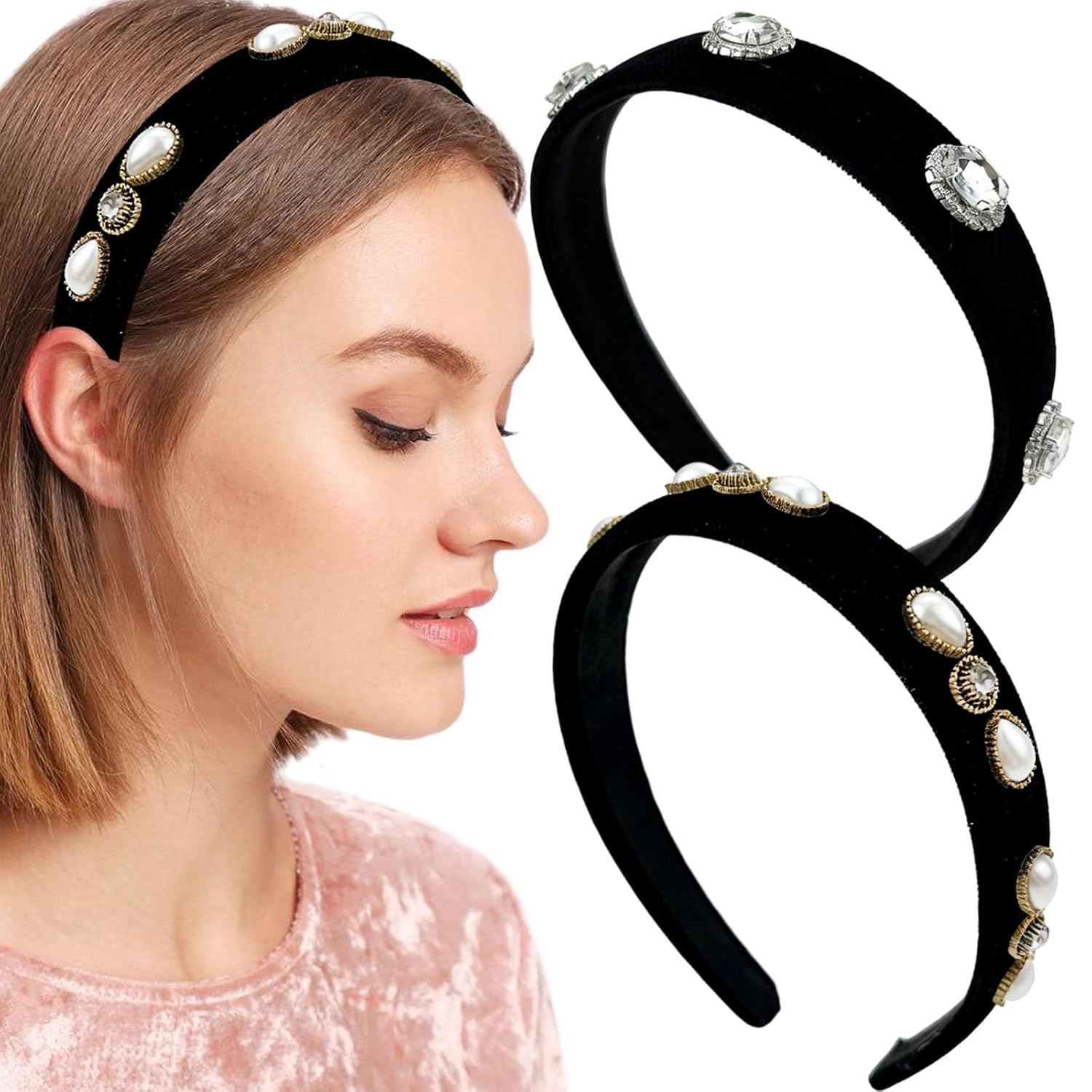 2PCS Vintage Velvet Headbands for Women, Pearl & Rhinestone Embellished Hair Hoops, Elegant Black Velvet Hair Accessories for Parties & Daily Wear
