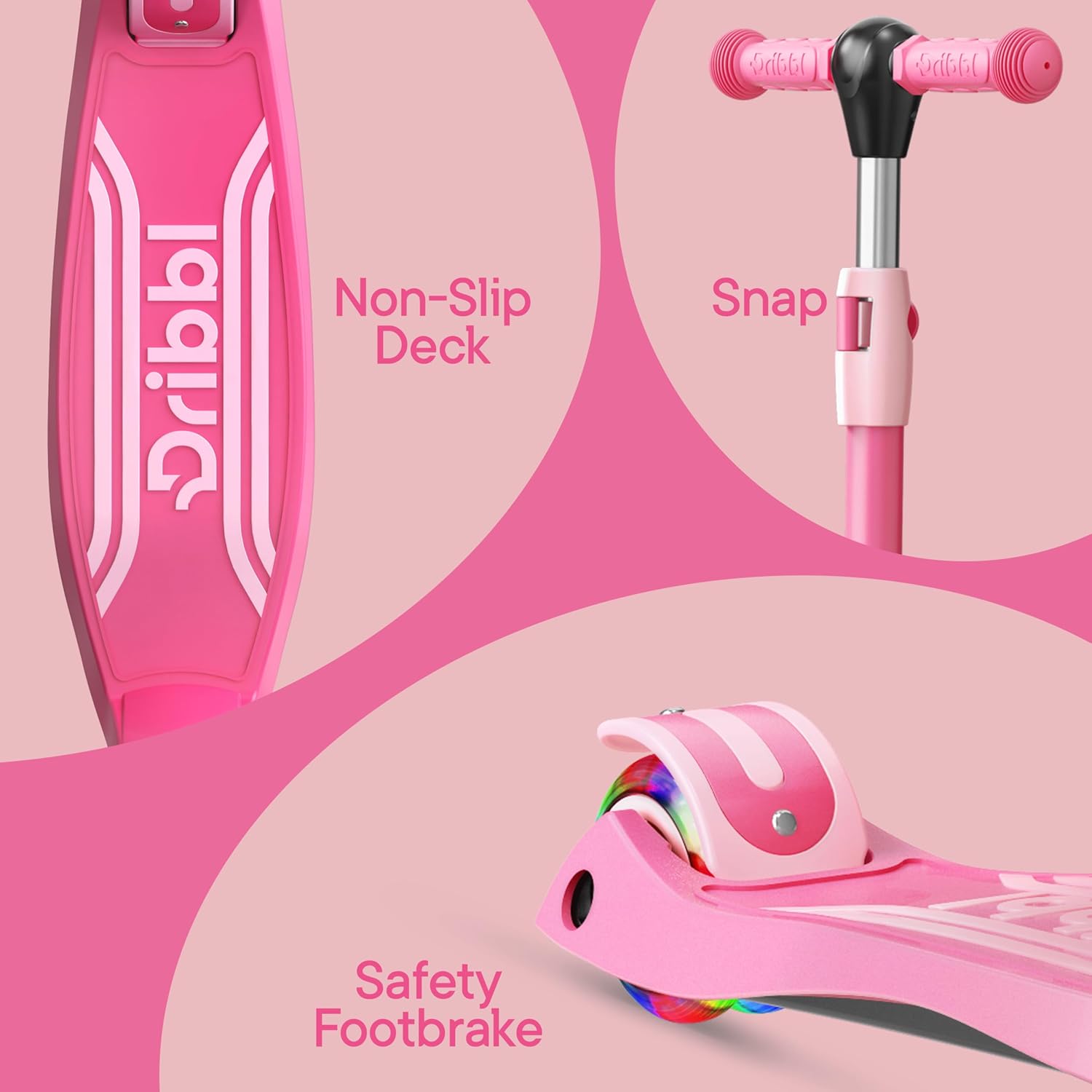 Dribbl 3-Wheel Kids Scooter - Lean-to-Steer Technology, Adjustable Height Handlebar, Wide Anti-Slip Deck, Scooter for Boys & Girls Ages 3+, Child Safety Approved, Support Riders Up to 165 lbs, Pink