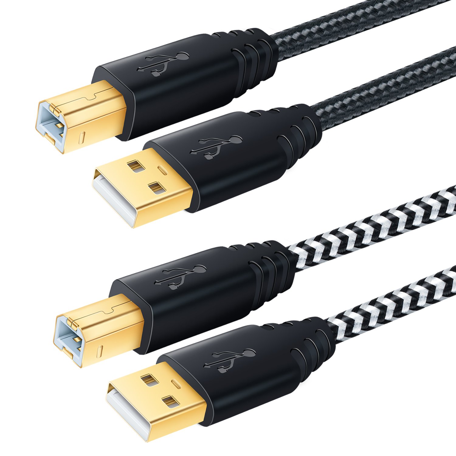 USB Printer Cable, OKRAY 2 Pack 10 Feet Nylon Braided USB 2.0 Cable - A Male to B Male Cable for Scanner/Printer (Black White)