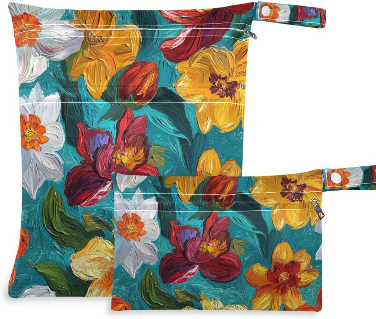 Oil Painting with Colorful Retro Flowers waterproof wet clothes bag 2 Pack diaper bag essential items with handles for pool, daycare