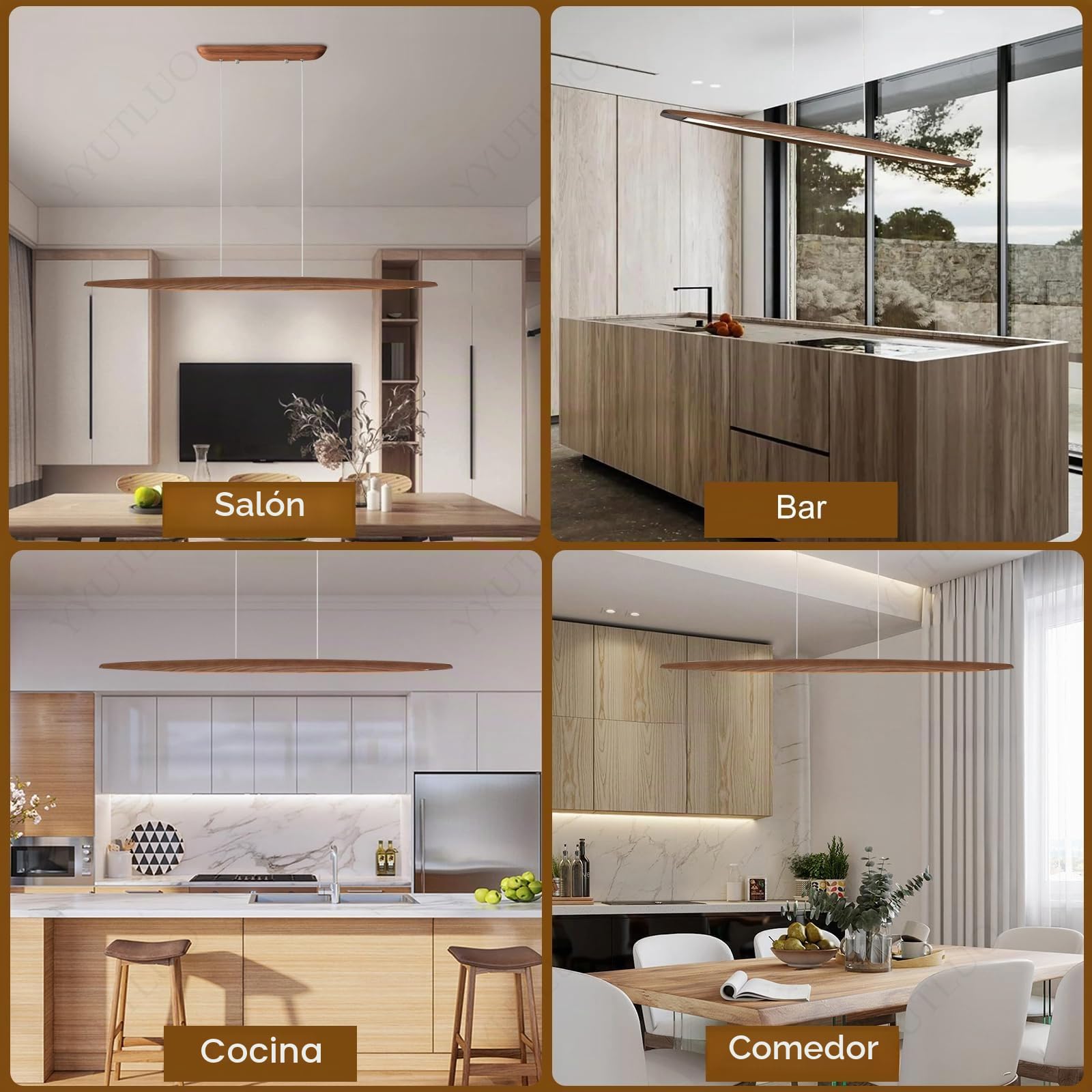 Lámpara Colgante De Madera LED, Lámpara Colgante Para Mesa Comedor, Marrón Regulable Con Control Remoto, Candelabro Altura Ajustable Diseño Lineal Moderno Candelabro Para (100cm)