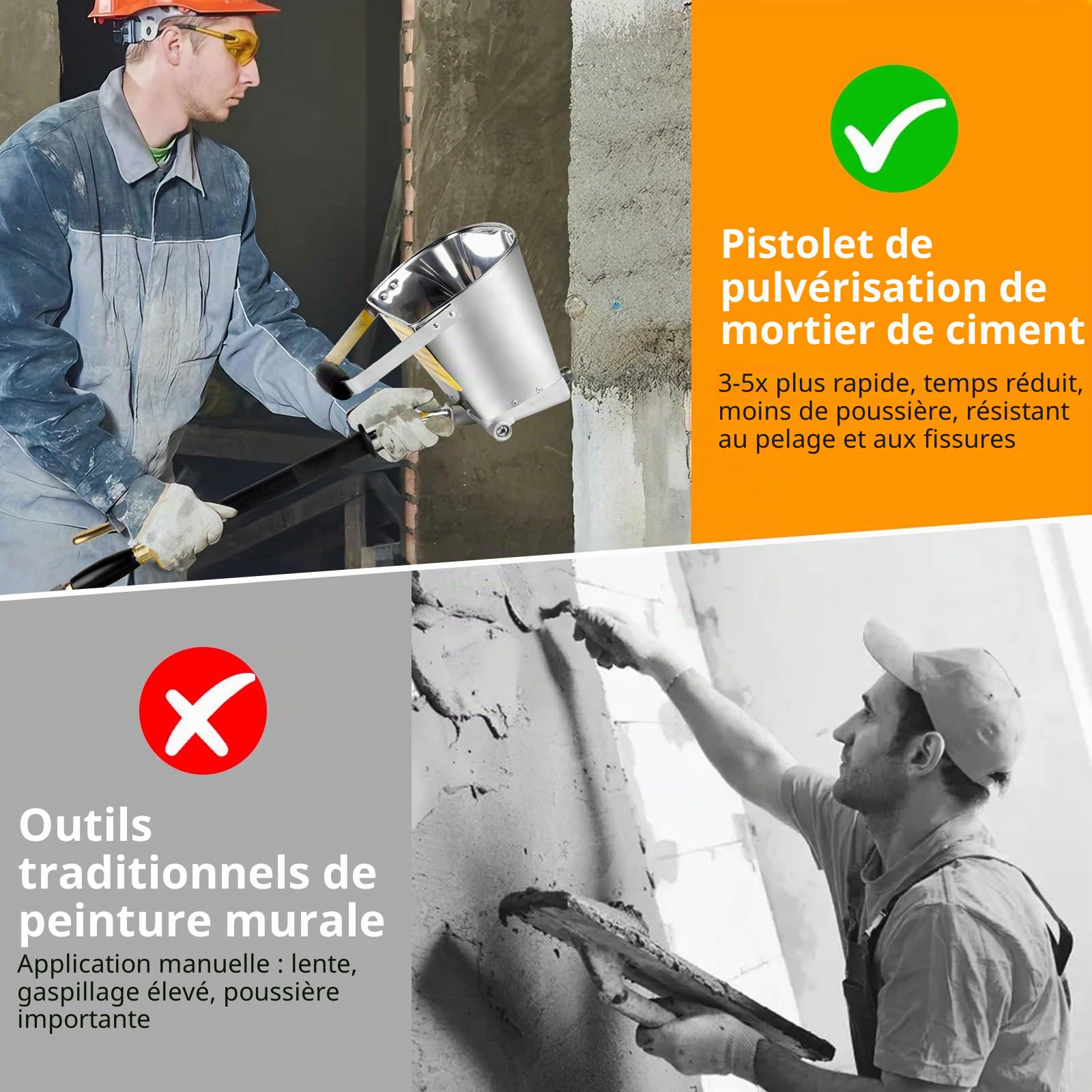 Pistolet à mortier 4 Jets Pistolet à Ciment 3,5 L Machine de plâtrage à air comprimé avec Tuyau d'air Haute Pression de 12 mm x 10 m Outil de Peinture pour Murs et plafonds - sans Couvercle