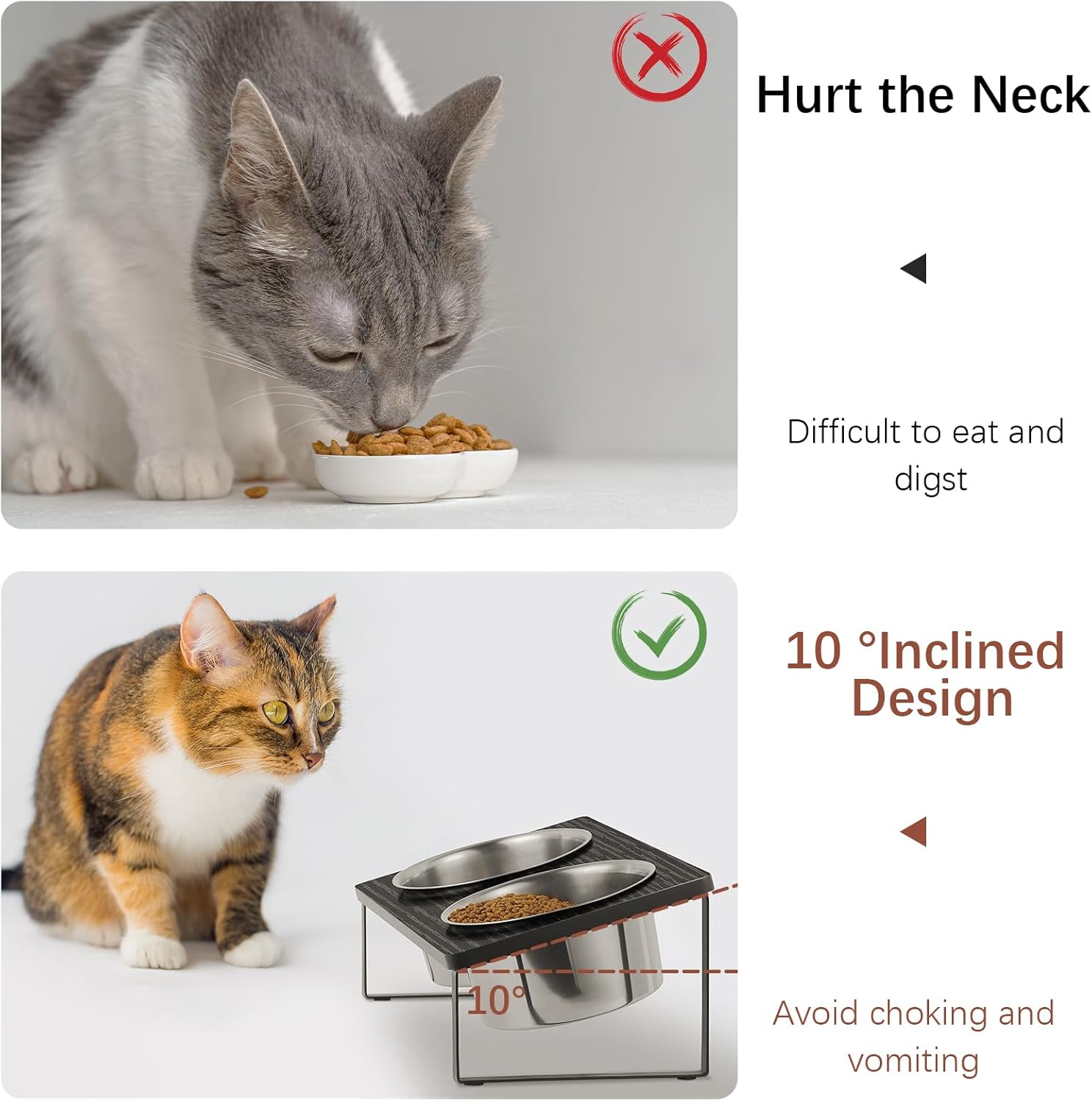 Raised Dog Food Bowl 10° Tilted Elevated Dog Bowl with 2 Stainless Steel Bowls Pet Dog Bowl Stand with Anti Slip Mat Black Dog Water Feeder Bowl with Wood Top for Large Medium Dogs and Cats