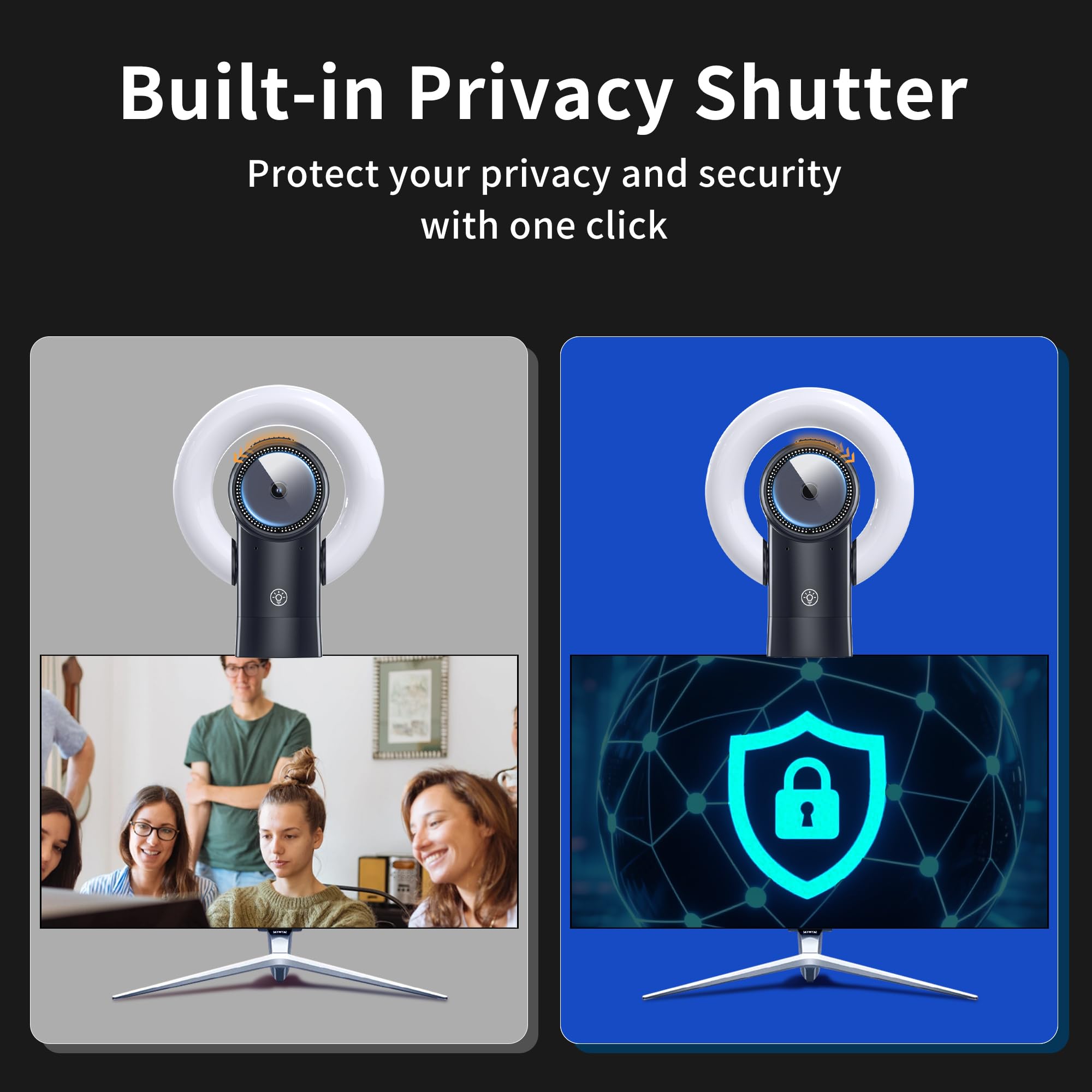 Kamera internetowa 4K ze światłem, kamera internetowa z głośnikiem, podwójna redukcja szumów, Plug and Play, kamera internetowa do komputera stacjonarnego, automatyczne ustawianie ostrości, ochrona