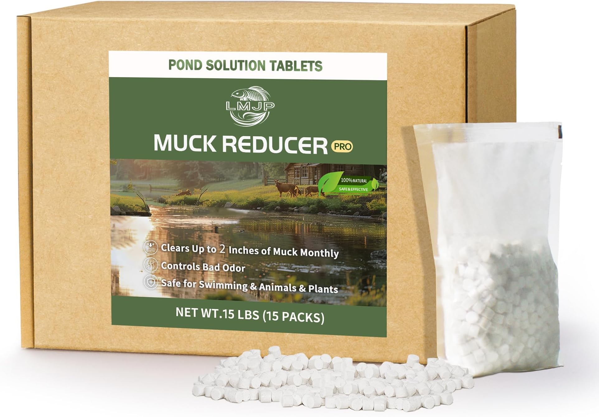 LMJP Muck Reducer - 15LB Natural Sludge Solution Tablets for Ponds & Lakes, Away Muck & Odor Control, Safe for Aquatic Life, Wildlife & Recreation, Treats Up to 90,000 Sq Ft