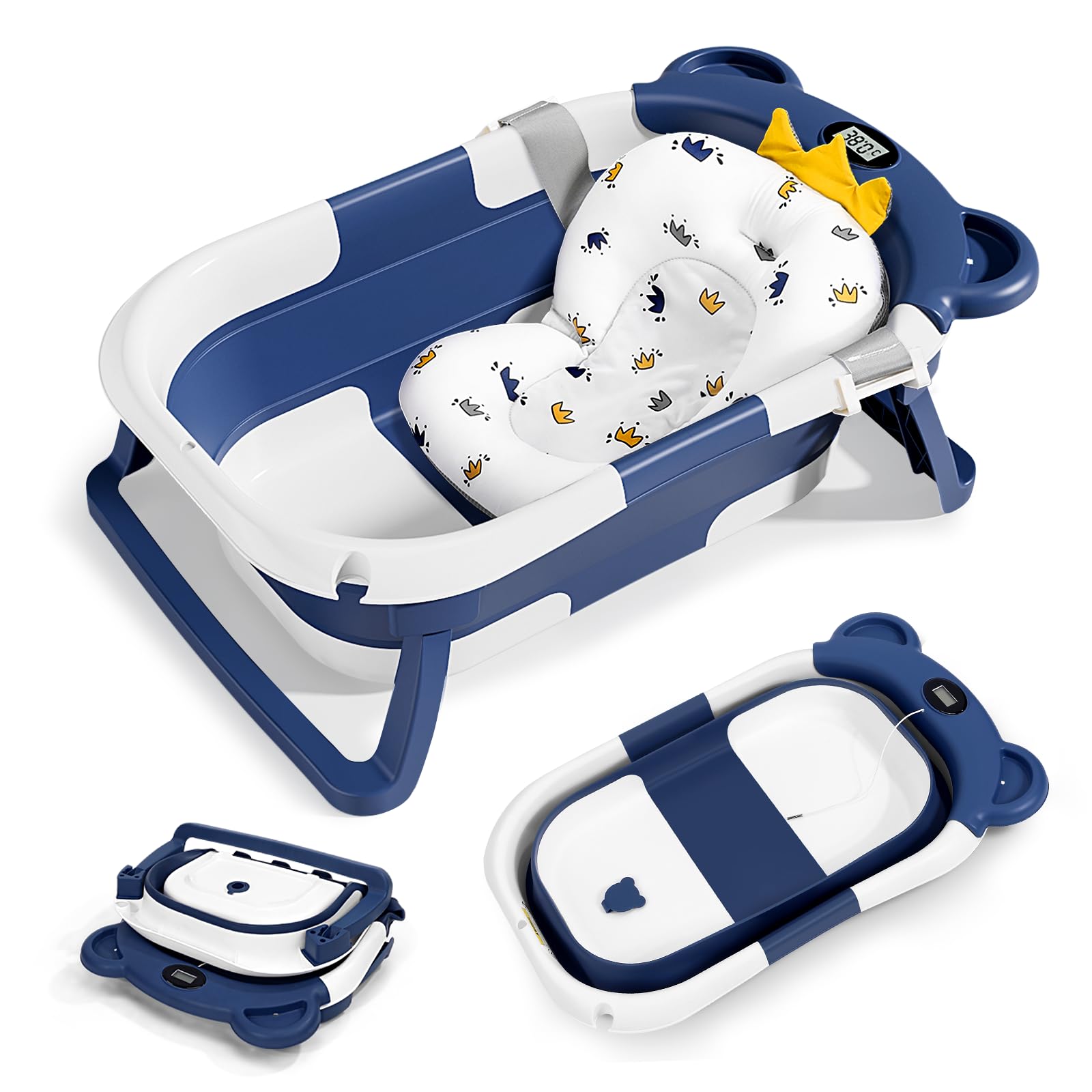 Faltbare Baby Badewanne mit Stützkissen & Badethermometer, Babywanne mit Sitzmatte für Neugeborene Kleinkinder, platzsparende Babybadewanne ab Geburt als Geburtsgeschenke (Blau)